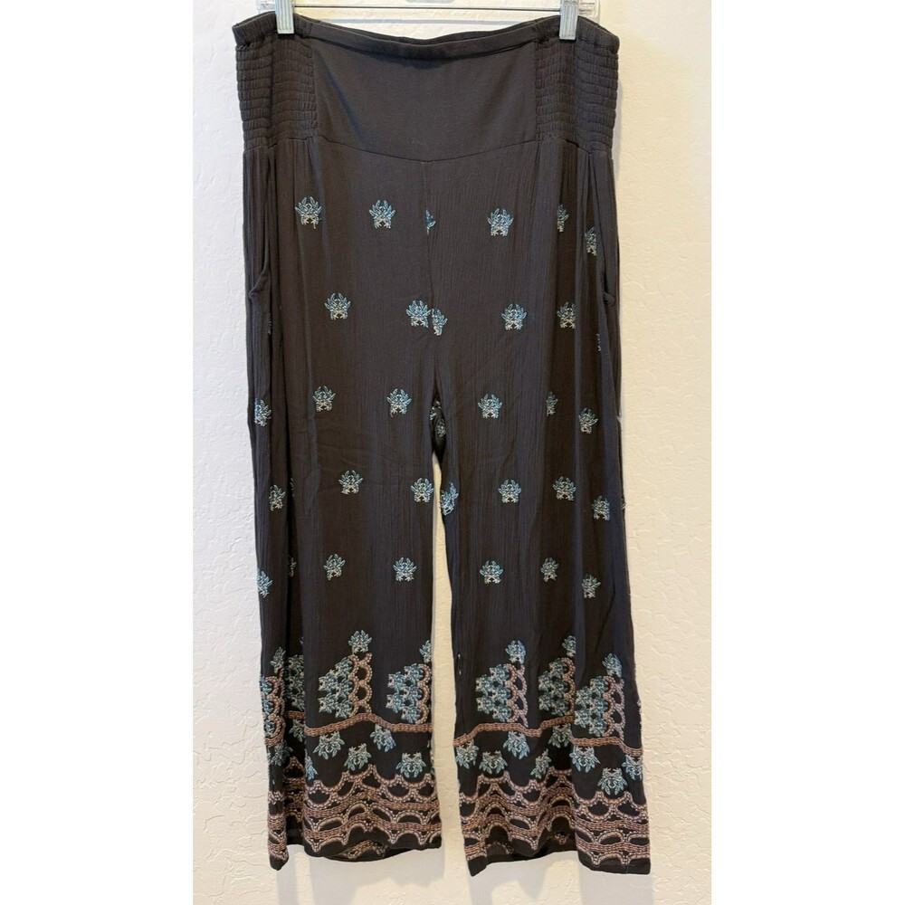 Sundance Catalog LARGE Black Cropped Pants Wide Leg Embroidered Boho Casual Crop